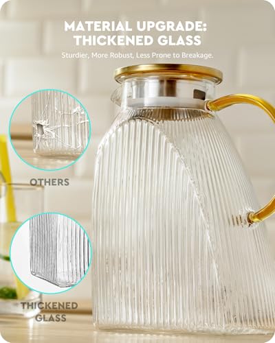 Baffect Water Pitcher, High Borosilicate Glass Jug with Stainless Steel Lid, Leakproof Fridge Door Carafe for Hot or Cold Beverage Vertical Pattern (1.8 L/63 oz.) - style: Vertical Pattern