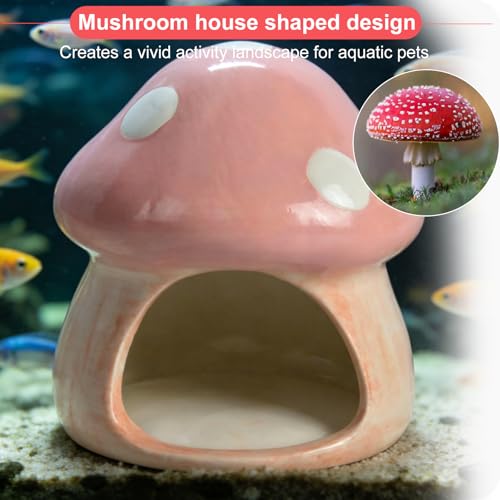 AnRui Ceramic Betta Fish Tank Accessories Decor Cute Mushroom House Aquarium Decoration Hideout Cave Ornament for Small Fish, Shrimp, Goldfish and Reptiles (Pink) - color: Pink
