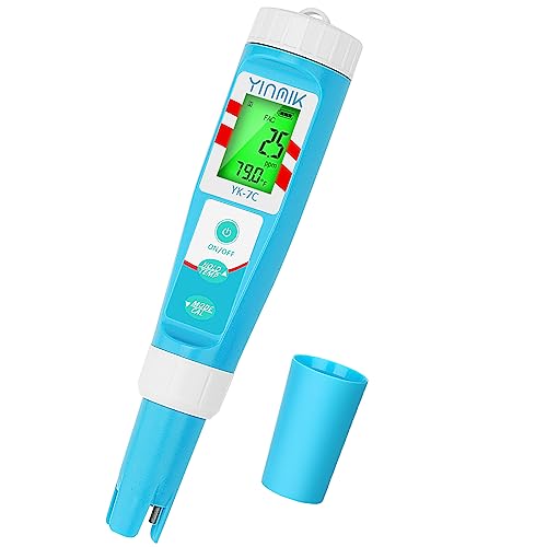 7 in 1 Chlorine Meter Digital Chlorine pH Tester Salt pH Meter for Saltwater Pool pH Conductivity for Hydroponic Drink Water TDS Meter YINMIK pH Chlorine Salinity EC TDS ORP Temp Reader for Aquarium - color: Blue pH meter