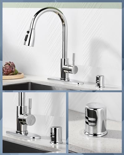 Kitchen Faucet with Air Gap: WOWOW Stainless Steel Kitchen Sink Faucet and Dishwasher Air Gap Kits for Kitchen Sink 2 or 4 Hole, Polished Chrome Kitchen Faucet Combo with Sprayer - color: Chrome, style: Kitchen Faucet with Air Gap Kit