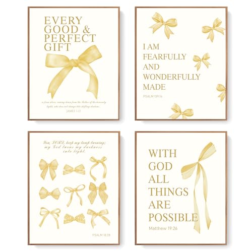 LARTSFRO Coquette Yellow Bow Wall Art Decor Posters, Butter Yellow Bow Room Bedroom Bathroom Dorm Wall Art Decor Aesthetic for College Teen Girls Gifts, Inspirational Bible Verses Bow Wall Decor, 10x8 Inch Set of 4 Pcs Bow Pictures (UNFRAMED) - color: but