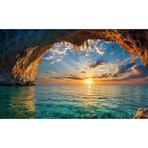 Sea Rock Cave Aquarium Background Sunrise Ocean Beach Seaside Fish Tank Background Tropical Sunset Seashore Cloudy Sky Terrarium Backgrounds Stunning Seascape Reptile Tank Backgrounds 24x12in - color: Aqua_Blue, size: 24(W)x12(H)in