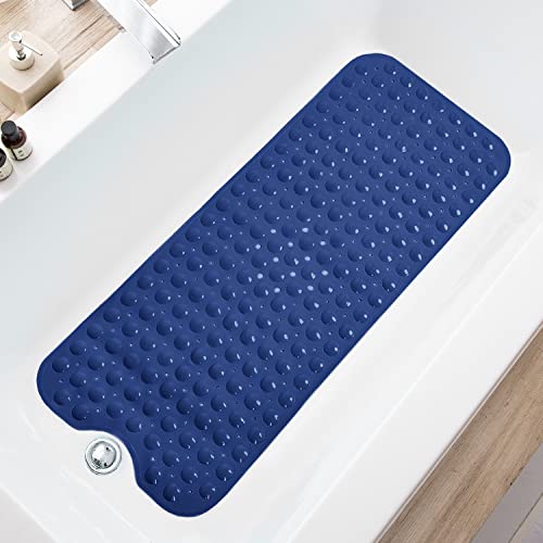 TEESHLY Bath Tub and Shower Mats, Non-Slip 39 x 16 Inch Extra Long Bathtub Mat, Machine Washable BathMat with Drain Holes, Suction Cups for Bathroom (Opaque Navy Blue) - color: Opaque Navy Blue