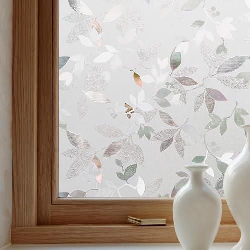 OHTMERU Window Privacy Film Decorative for Front Door, Bathroom Static Cling Stained Glass Sticker Opaque Heat Control UV Blocking Non-Adhesive for Home Windows, Magnolia - color: Magnolia, size: 17.5 x 78.7 inches