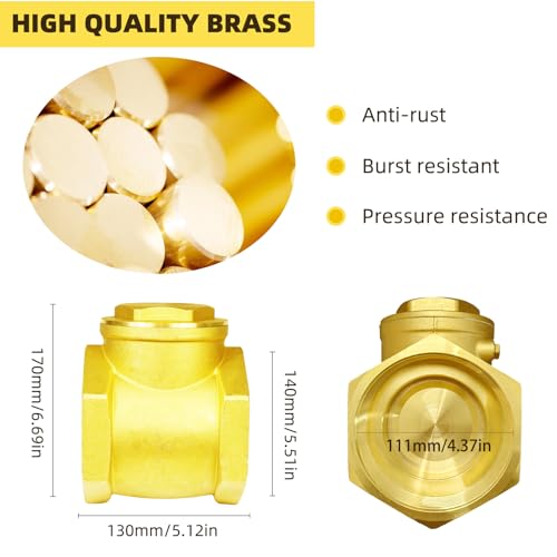 4" NPT Swing Brass Check Valve DN100, 4 Female Thread Horizontal One Way Valve to Prevent Water Backflow for Sump Pump and Air Compressor - size: 4 Inch