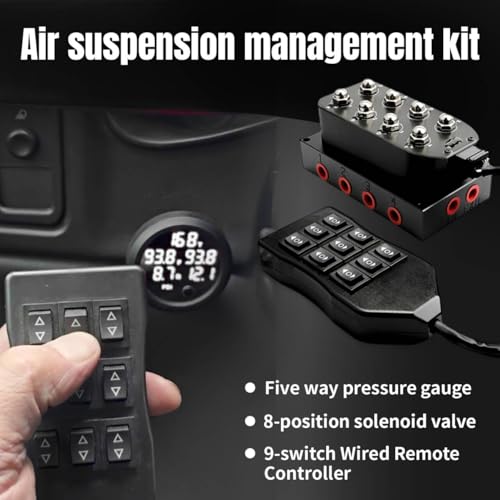 12V Solenoid Valve Air Ride Suspension manifold 8-Valve With 5M 9-switch Wired Remote Controller, equipped with five display air pressure gauge white - color: 5M-Control&White Gauge