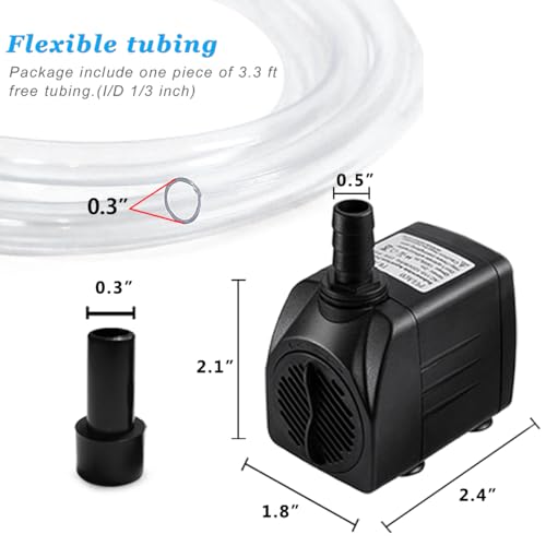 PULACO Small Submersible Pump (160GPH 10Watt), Ultra Quiet Fountain Pump (600L/H) with 3.3 ft Tubing for Aquariums, Pond Fountain, Water Feature, Indoor Fountains