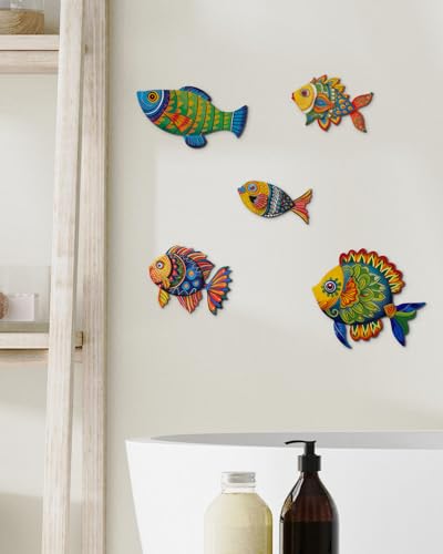 Putuo Decor 5 Pcs Wooden Fish Wall Decor Beach Nautical Coastal Theme Fish Wall Sculpture Lake House Ocean Decor Vintage Ornaments for Home Bathroom Bedroom