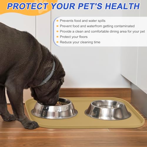 SMILOOL Silicone Pet Food Mat with Raised Edge for Food and Water Bowl, Dog Feeding Mats, Cat Food Trays for Floor Waterproof, Rubber Tray for Dogs and Cats, 19 x 12 x 0.7 Dark Beige - color: Dark Beige, size: 19"L x 12"W