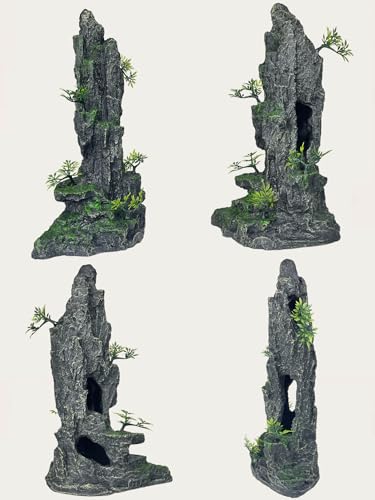 Aquarium Decor - Tall and Large Mountain Rock Ornament for Fish Tank, Aquarium Hideout with Rock Texture for Betta, Guppy, Shrimp - Safe Aquatic Decoration, Fish Hiding House（Black） - color: Tall Peak Rock - Black