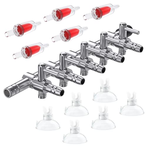 Pawfly 5-Way Aquarium Air Flow Control Lever Valve Manifold for Air Pumps Fish Tank Multi-Port Distributor Splitter with 5 Non-Return Check Valves and 6 Suction Cup Clips - color: 5-Way