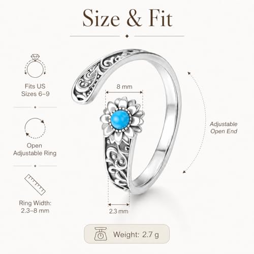 Chunky Rings for Women Statement Adjustable Pearl Ring Turquoise Spoon Ring Sunflower Dainty Open Ring Non Tarnish Unique Jewelry Gift - color: Turquoise Sunflower