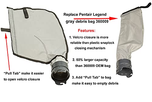 ATIE Pool Cleaner Gray Fine Mesh Bag with Hook and Loop Fastener Enclosure for Pentair Kreepy Krauly Legend, Platinum Pool Cleaner Debris Bags 360009/EU16G with Snaplock - Gray