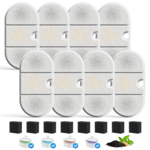 8-pack replacement filters, compatible with 71oz/2.1L Capsule Cat Water Fountain PLWF002. Comes with 8 filter sponges to remove impurities and keep pets' drinking water clean and healthy.