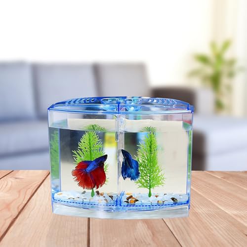 Transparent Mini Fish Tank 7.08X5.51X3.54In Small Goldfish Aquarium with Luminous Aquatic Plants Desktop Breeding Tank Home Decor