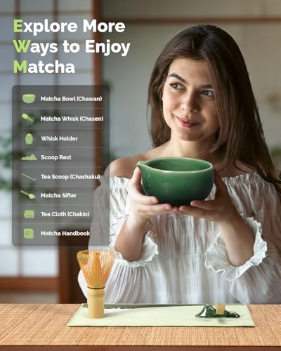 Maestri House Matcha Whisk Set, 7-Pc Complete Matcha Kit with Spouted Ceramic Bowl, Bamboo Whisk and Holder, Scoop, Spoon Rest & Sifter, Tea Cloth – Ideal Gift for Matcha Lovers (Emerald Kanso) - color: Emerald Kanso