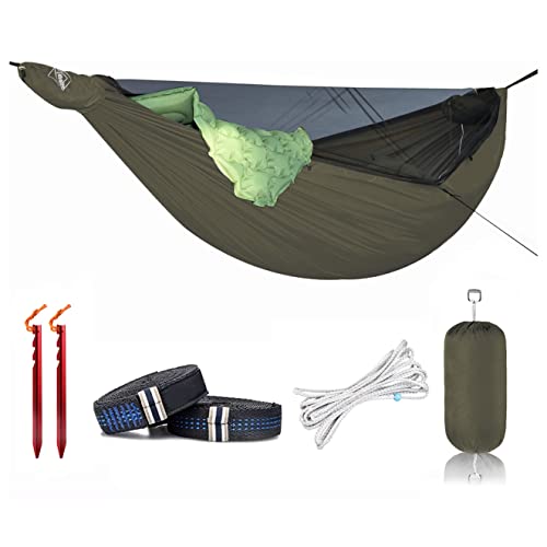 Onewind 11ft Zipper Hammock with Mosquito Net for Camping, Portable Double-Layer Northers Hammock with Adjustable Ridgeline for Camping, Hiking and Backpacking, OD Green, Sleeping Pad Not Included - color: Od Green-double Layer Hammock Bed, size: 11' x 64
