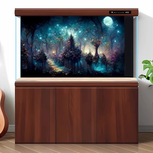 Mystical Dark Forest Aquarium Background Fantasy Glowing Neon Light Forest World Terrarium Background Mysterious Foggy Forest with Path Fish Tank Background Forest Aquarium Backdrop 24x12in - color: Dark Blue, size: 24(W)x12(H)inches/ 60(W)*30cm(H)