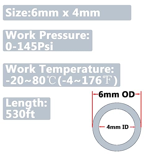 Pneumatic 6mm x 4mm Tubing 530Ft PU Air Tube Hose Pipe for Air Line or Water Transfer (Clear) - color: Clear, size: 6mm*4mm