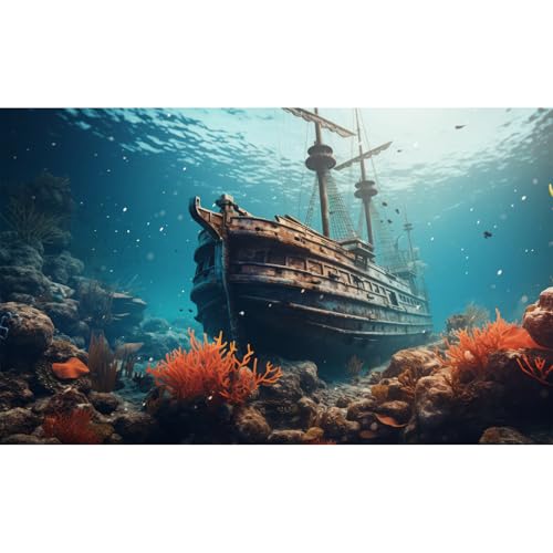 Underwater Seascape Aquarium Background Vibrant Undersea Reefs Corals Sunken Pirate Ship Fish Tank Background Under The Sea Rusty Debris Retro Ship Terrarium Backgrounds Ocean Tank Backgrounds 24x12in - color: Blue_Brown, size: 24(W)x12(H)in