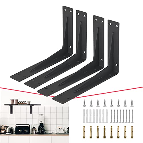 CLT Black Shelf Bracket, 10” Quarter Inch (1/5") Thick- Max Load: 330 lb Industrial Modern Farmhouse Heavy Duty Corner Brace Joint Right Angle Bracket for Table Bench, Space Saving DIY, Pack of 4 - size: 10 inches, style: Black L Gusset