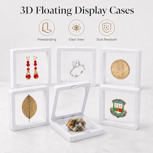 6 Pack 3D Floating Display Case, Freestanding Clear Suspension Frame and Jewelry Holder for Challenge Coins, Enamel Pins, Rocks, Rings and Plant Specimens - color: White, size: 4.3*4.3*0.8