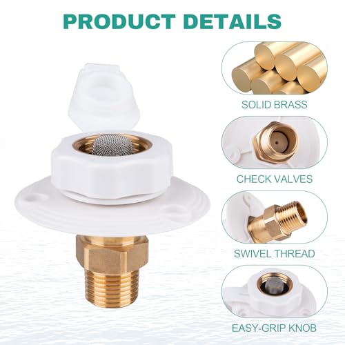 RV City Water Inlet with Check Valve, 3/4" NH Female to 1/2" NPT Male, RV Water Inlet Connection for Camper, Trailer, Marine, White