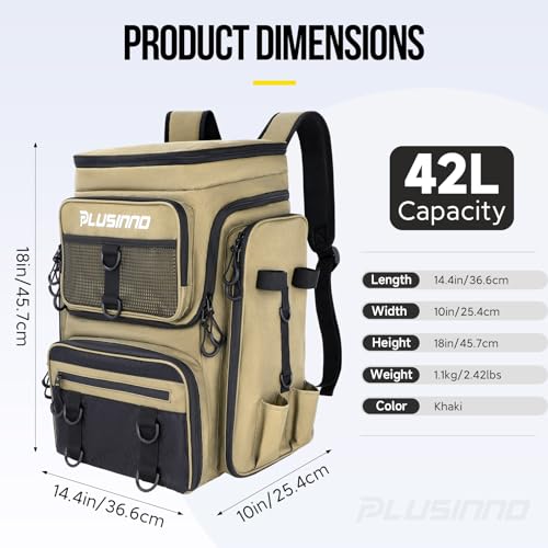 PLUSINNO Fishing Tackle Backpack with Rod Holders，42L Water-resistant Fishing Bag Store Fishing Gear,Fishing Gifts For Men. - color: Khaki