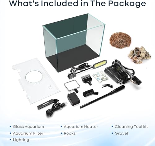 3 Gallon Small Fish Tank Glass Aquarium Set, Starter Kit with Heater Water Pump Cleaning Filter Bright Light Rocks Gravel Cleaning Tool, Leak-Proof Clear Rimless Desktop Spaces Saving Betta Fish