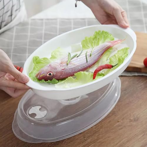 Microwave Steamed Fish Plate with Lid White Food Steamer for Microwave Oven Quick Heat Transfer Kitchen Cooking Container for Healthy Meals Style