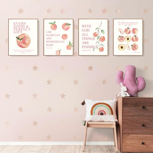 LARTSFRO Coquette Pink Peach Fruits Wall Art Decor Posters, Cute Pink Peach Christian Room Bathroom Bedroom Dorm Wall Art Decor Aesthetic for College Teen Girls Gifts, Inspirational Bible Verses Wall Decor, 10x8 Inch Set of 4 Pcs Fruits Pictures (UNFRAMED