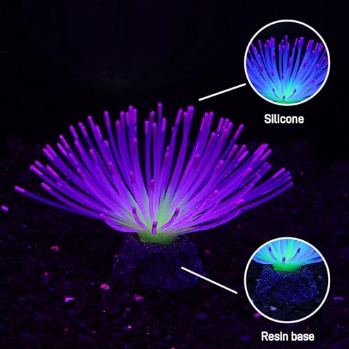 Fluorescent Rainbow Sea Urchin Aquarium Decor - Glows Under Blue Light, Weighted Silicone Ornament for Fish Tank with Swaying Spines, Saltwater & Freshwater, Vibrant Aquascape Centerpiece (Purple) - color: Purple