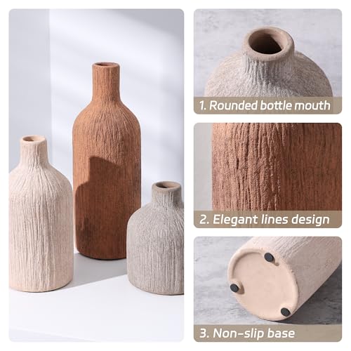 Ceramic Vase Set, 3Pcs Flower Vases for Modern Boho Farmhouse Decor, Decorative Vases for Pampas Grass & Dried Flowers, Distressed Finish - color: M