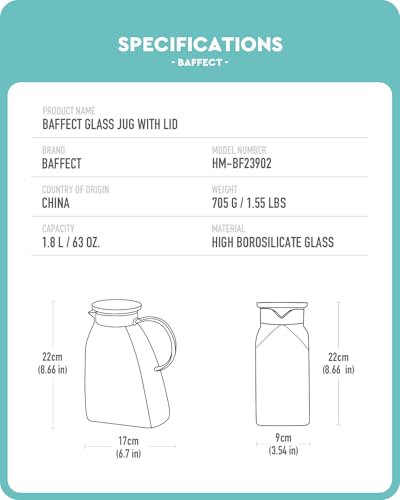 Baffect Water Pitcher, Glass Pitcher With Lid And Handle, 63 Oz / 1.8 L High Borosilicate Glass Jug For Fridge Door, Carafe For Hot/Cold Iced Tea Juice Coffee Milk Beverage （Glacier-Textured） - style: Glacier-Textured