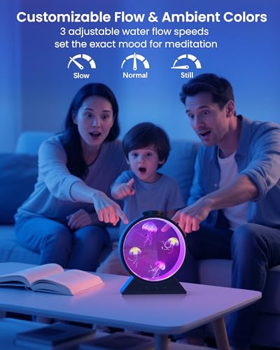 Jellyfish Lamp,Whisper-Quiet Sensory Aquarium Light,7 Color Mood Night Light with Adjustable Water Flow & 8H Timer,Rounded Tank Lamp for Home Office Bedroom Decor for Kids Adults(Black) - color: Black