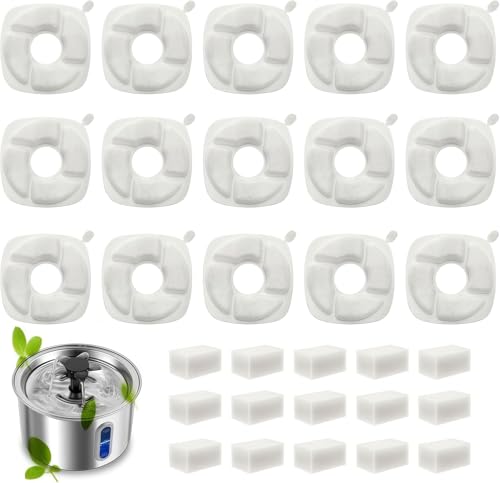 15 Pack Cat Water Fountain Filters, Filter & Pre-Filter Sponges Replacement Compatible with ZOESEEK for 101oz/3.0L Automatic Pet Fountain Dog Water Fountain Dispenser
