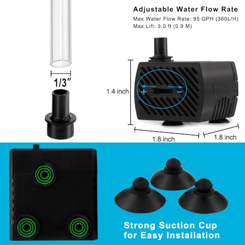 95GPH 5W Mini Submersible Water Pump with 3.3 ft Tubing for Aquarium Fish Tank, Pond, Fountain, Hydroponics