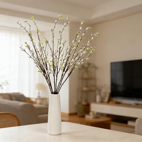 4 Pcs 37.8Inch Artificial Pussy Willow Branches for Vases 8 Branches Long Stem Faux Pussy Willow Stems for Home Office Kitchen Wedding Bridal Party Indoor Outdoor Table Vase Filling Decor - color: 37.8inch White, size: 4 PCS
