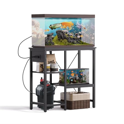 BEURUKU 20-29 Gallon Fish Tank Stand with Power Outlet & LED Light, Metal Aquarium Stand with 3 Tier Adjustable Storage Shelves, Tank Stand for Reptile Tank, Turtle Tank, 30.7" L*13.8" W, Black - color: Black, size: 20-29 Gallon