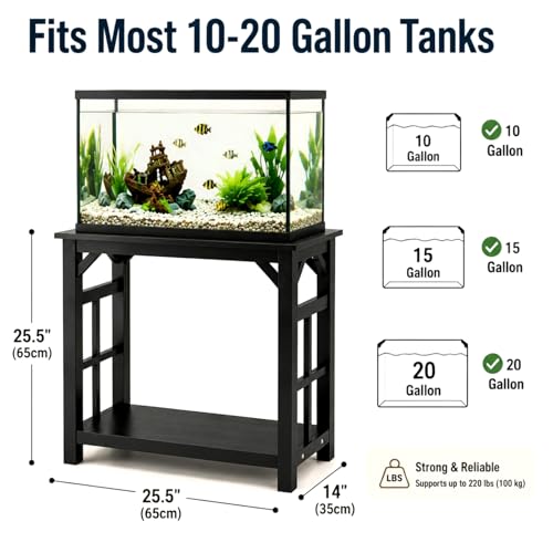 Colingmill 20 Gallon Aquarium Stand, Solid Wood Fish Tank Stand with Storage Shelf, Heavy Duty Black Aquarium Table for 10-20 Gallon Tanks, 220lbs, 25.5 x 14 x 25.5 inches, Black