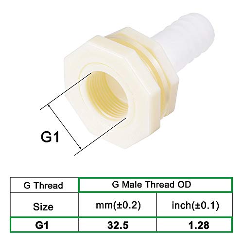 uxcell Bulkhead Fitting Adapter 25mm Barbed x G1 Female ABS White for Aquariums, Water Tanks, Tubs, Pools - size: G1