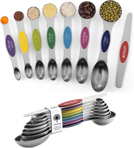 ChefAide Pack of 8 Stainless Steel Magnetic Measuring Spoons Set, Dual Sided, Stackable, Adjustable Teaspoon and Tablespoon Measure Spoon with Leveler, Kitchen Gadgets - color: Multicolor, size: Magnetic Measuring Spoons