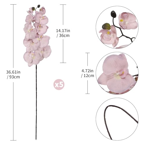 36.6'' Pink Orchids Artificial Flowers 10 Large Blooms Fake Phalaenopsis Branches 5PCS Long Stem Faux Silk Orchids for Tall Vase for Bridal Shower Wedding Home Party Office Decor (Pink) - color: Pink
