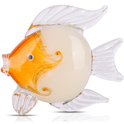 Large Glass Fish Figurines Hand Blown Glass Fish Statue and Sculpture Home Decor, Murano Animal Tropical Sea Glass Paperweights for Desk, Glass Aquarium Coastal Beach Decorative (light Orange)