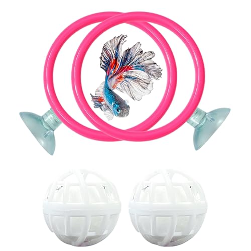 Betta Ring Enrichment Toys with Filter Ball set, Turtle Water Cleaner Ball, Aquarium Feeding Ring with Nitrifying Balls, Betta Fish Toy, Aquatic Turtle Enrichment Toy, Tortoise Supplies (Pink, M-70mm) - color: Pink, size: M-70mm