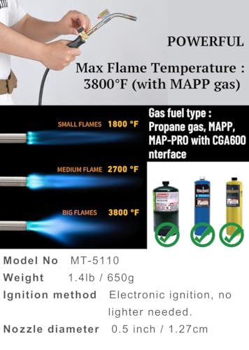 CAMPINGMOON MAPP Propane Torch Head CGA600 Interface MAP Gas Welding Torch Hose Flame Adajustable Self Ignition (4.6Ft Hose & Knob Propane MT-5110) - style: 4.6Ft Hose & Knob Propane Torch MT-5110