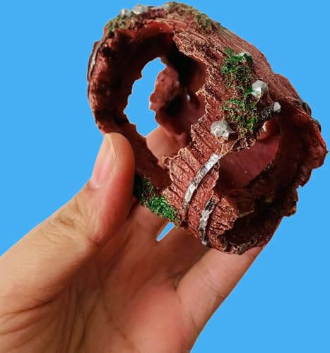 2 PCS Aquarium Resin Fish Tank Decorations Broken Barrel Shipwreck Theme Landscaping Hideouts Accessories Caves Hide Hut Fish/Small Turtles Tank Ornaments with 2pcs Artificial Aquatic Plants (Red)