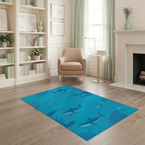 4'x6' Washable Flatwoven Rug, Blue Graphic Fish Easy Care Throw Carpet for Dorm Room, Small Living Room, Apartment, Stain Resistant Low Profile Floor Covering | Ref:2068649 - color: Blue/Pattern 13, size: 4' x 6' (Rectangular)