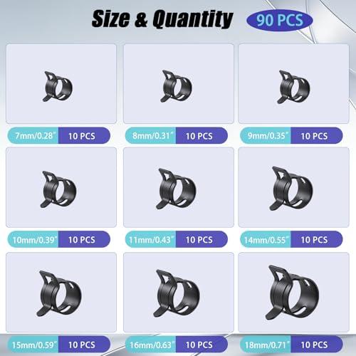 90Pcs 7-18mm Spring Hose Clamps Kit, Black Small spring Clamp, Constant Tension Steel Clamps for Automotive Fuel Lines, Silicone Vacuum Hoses, Low-Pressure Air Clips - style: 90pcs
