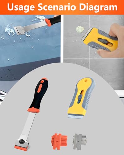 2 Pack Razor Blade Scraper with 20 Plastic and 20 Metal Blades for Removing Paint, Grease from Windshield, Registration Sticker, Glass Top Stove Cooktop Scraper - color: Orange-yellow
